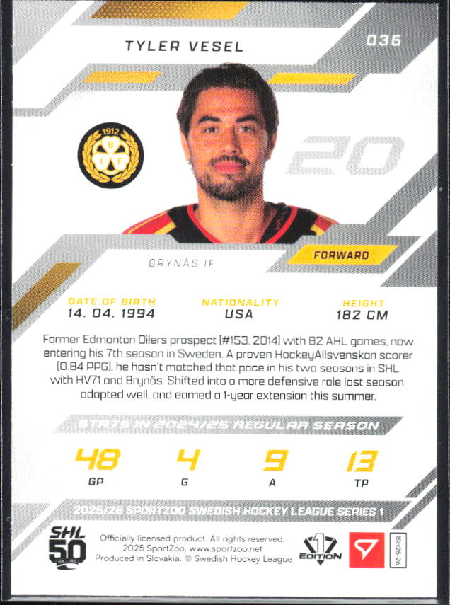2025-26 SportZoo SHL S1 #036 Tyler Vesel Shamrock Green 18/30 – baksida
