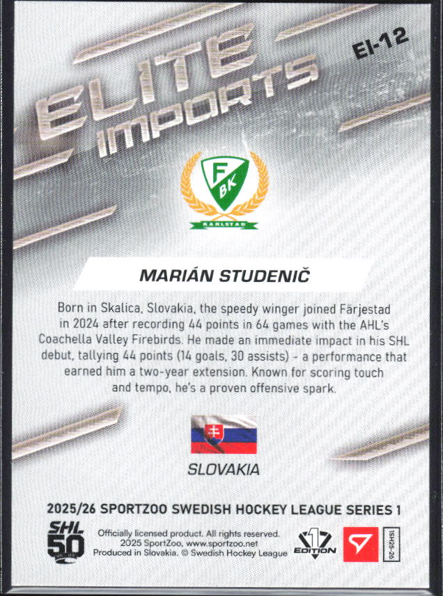 2025-26 SportZoo SHL S1 #EI-12 Marián Studenič Elite Imports Light Copper 64/65 – baksida