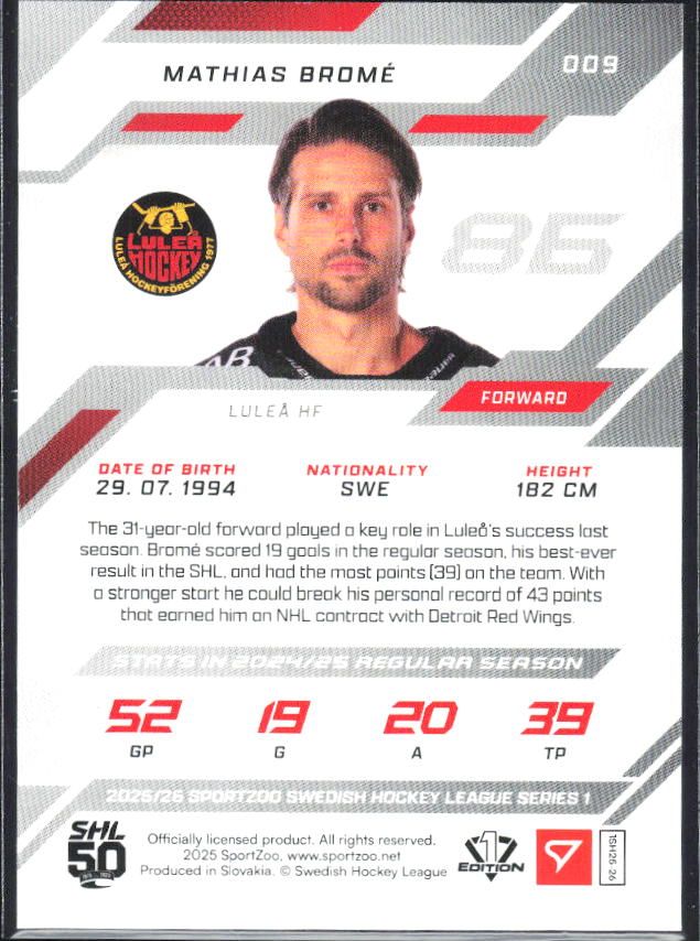2025-26 SportZoo SHL S1 #009 Mathias Bromé Scarlet Red 13/20 – baksida