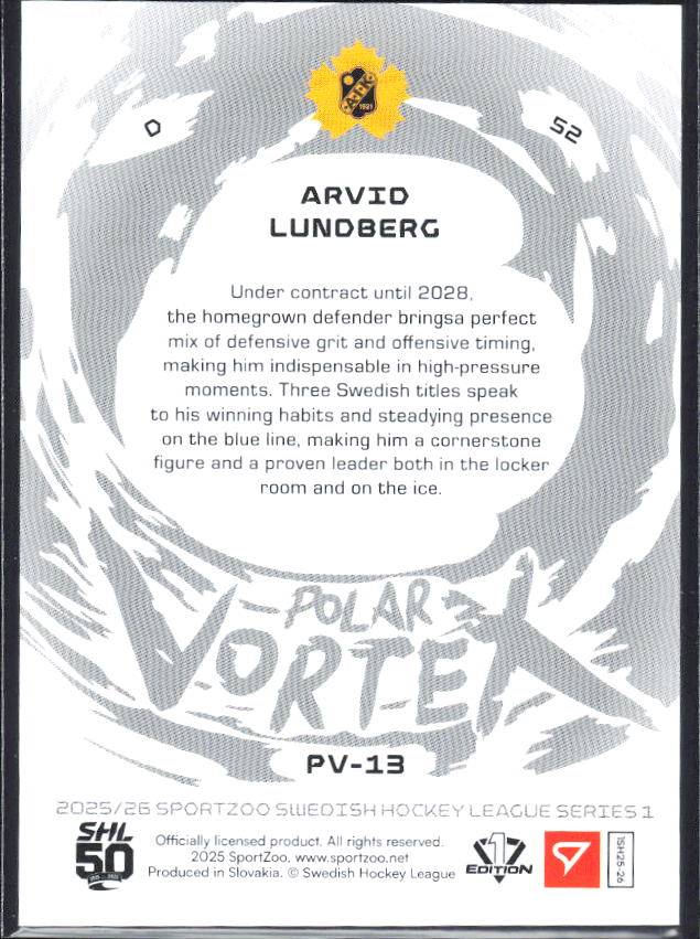 2025-26 SportZoo SHL S1 #PV-13 Arvid Lundberg Polar Vortex Coral Copper 31/65 – baksida