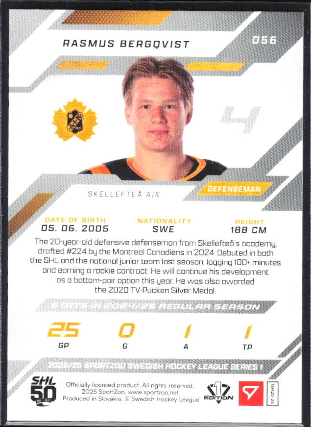 2025-26 SportZoo SHL S1 #056 Rasmus Bergqvist Blonde Gold 08/10 – baksida