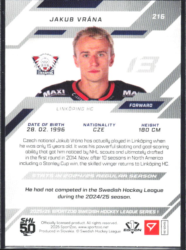 2025-26 SportZoo SHL S1 #216 Jakub Vrána Shamrock Green 12/30 – baksida
