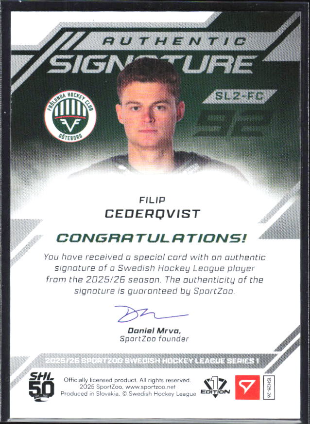 2025-26 SportZoo SHL S1 #SL2-FC Filip Cederqvist Authentic Signature Level 2 62/65 – baksida