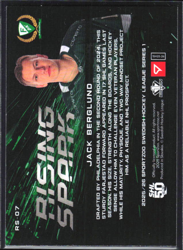 2025-26 SportZoo SHL S1 #RS-07 Jack Berglund Rising Spark Sky Blue 46/65 – baksida