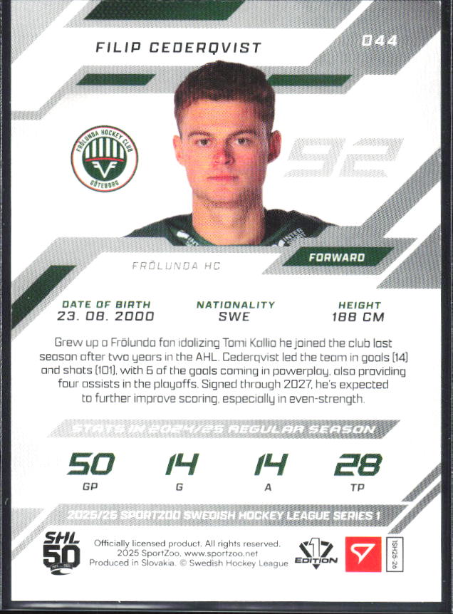 2025-26 SportZoo SHL S1 #044 Filip Cederqvist Scarlet Red 08/20 – baksida