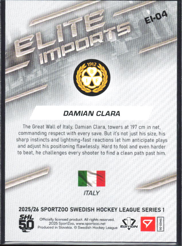 2025-26 SportZoo SHL S1 #EI-04 Damian Clara Elite Imports Light Copper 58/65 – baksida