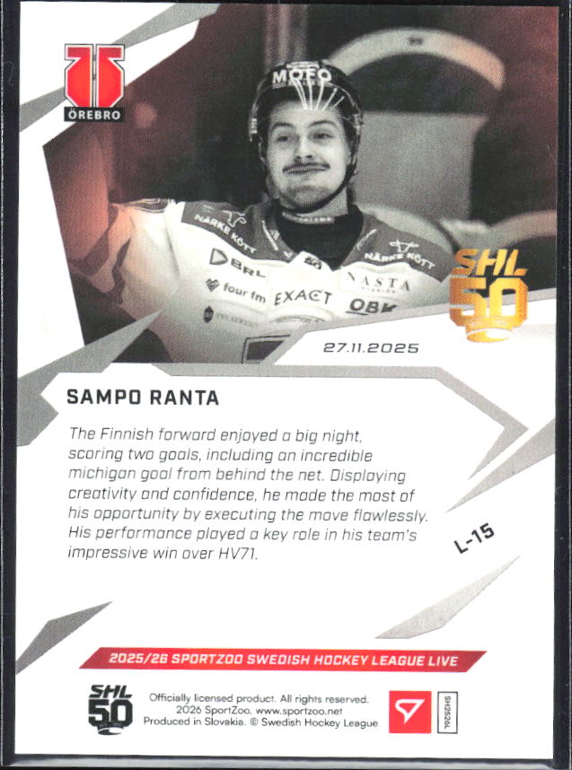 2025-26 SportZoo SHL LIVE #L-15 Sampo Ranta 34/56 – baksida