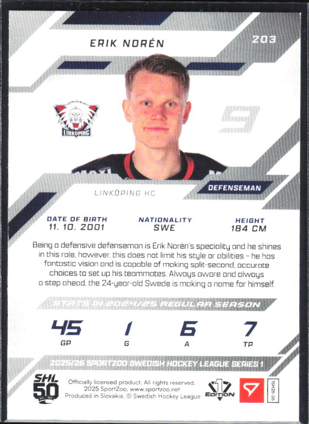 2025-26 SportZoo SHL S1 #203 Erik Norén Shamrock Green 08/30 – baksida
