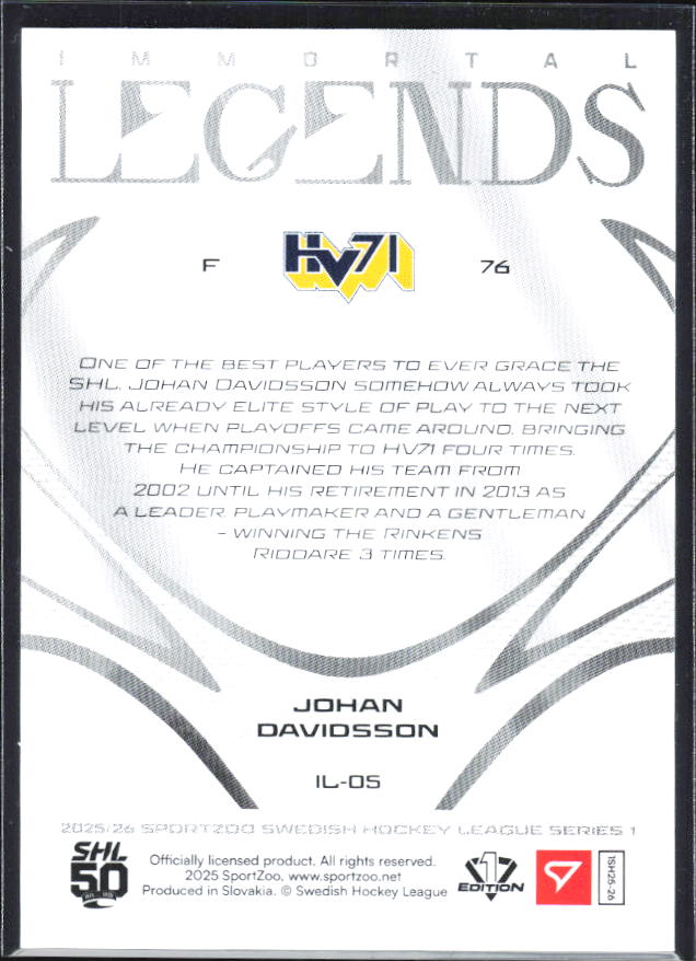 2025-26 SportZoo SHL S1 #IL-05 Johan Davidsson Immortal Legends Sapphire Blue 34/65 – baksida