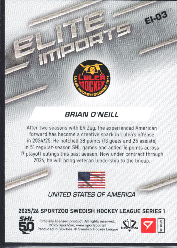 2025-26 SportZoo SHL S1 #EI-03 Brian O'Neill Elite Imports Light Copper 59/65 – baksida