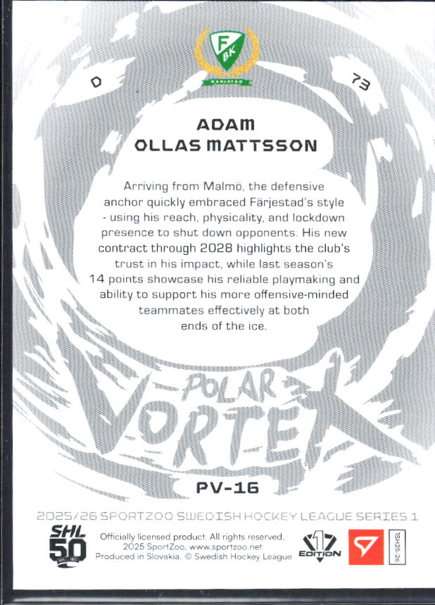 2025-26 SportZoo SHL S1 #PV-16 Adam Ollas Mattsson Polar Vortex Steel Blue 98/99 – baksida
