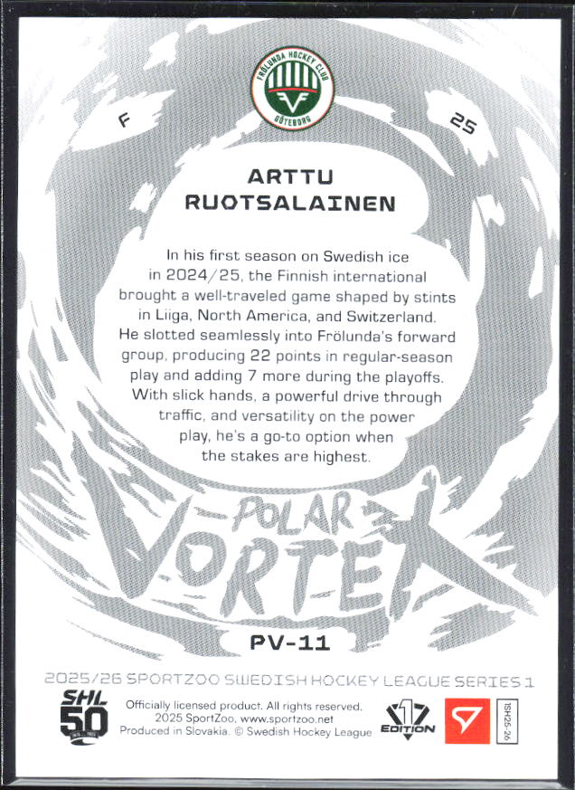 2025-26 SportZoo SHL S1 #PV-11 Arttu Ruotsalainen Polar Vortex Coral Copper 57/65 – baksida