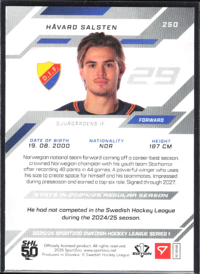 2025-26 SportZoo SHL S1 #250 Håvard Salsten Shamrock Green 18/30 – baksida