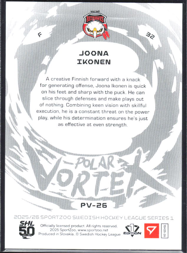 2025-26 SportZoo SHL S1 #PV-26 Joona Ikonen Polar Vortex Coral Copper 13/65 – baksida