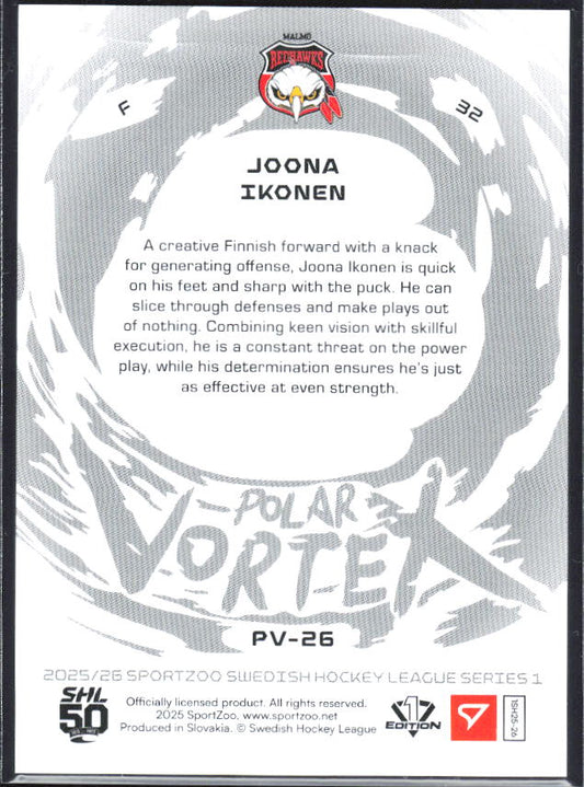 2025-26 SportZoo SHL S1 #PV-26 Joona Ikonen Polar Vortex Coral Copper 13/65 – baksida
