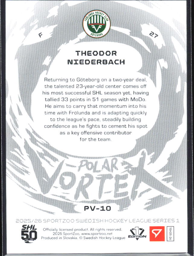 2025-26 SportZoo SHL S1 #PV-10 Theodor Niederbach Polar Vortex Coral Copper /65 – baksida