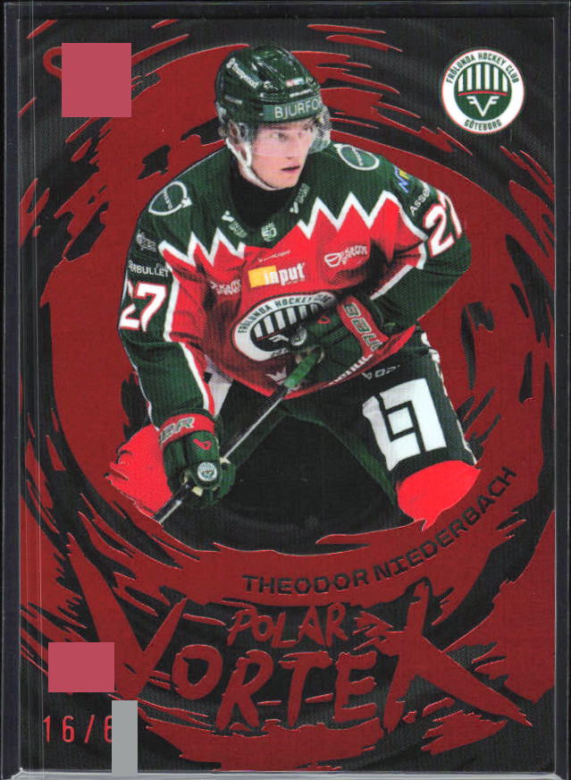 2025-26 SportZoo SHL S1 #PV-10 Theodor Niederbach Polar Vortex Coral Copper /65 – framsida