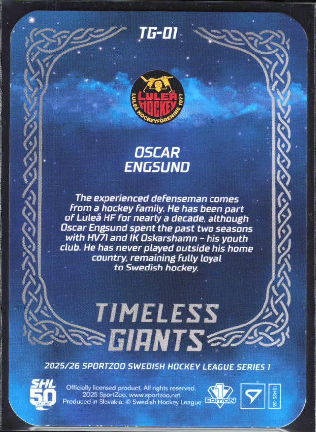 2025-26 SportZoo SHL S1 #TG-01 Oscar Engsund Timeless Giants Sunglow Gold 82/85 – baksida