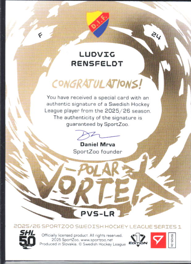 2025-26 SportZoo SHL S1 #PVS-LR Ludvig Rensfeldt Polar Vortex Gold Auto 21/35 – baksida