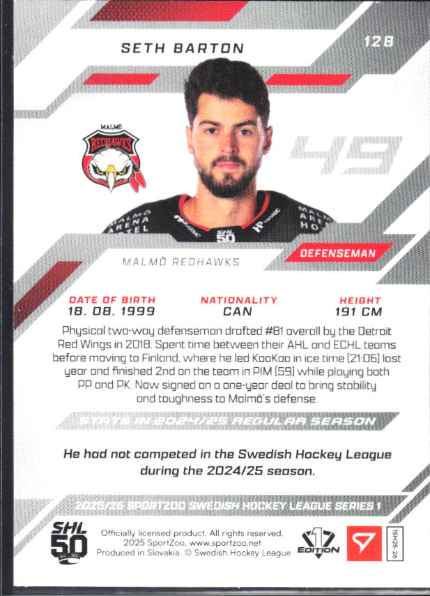 2025-26 SportZoo SHL S1 #128 Seth Barton Shamrock Green 16/30 – baksida
