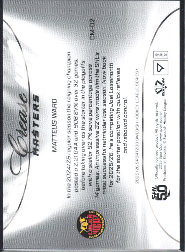 2025-26 SportZoo SHL S1 #CM-02 Matteus Ward Crease Masters Lemon Gold 45/65 – baksida