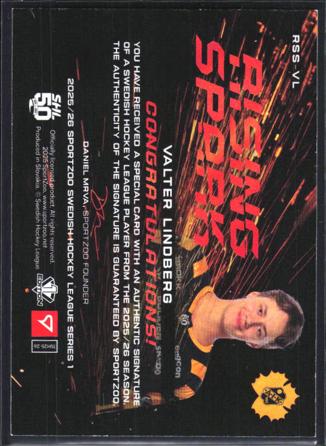 2025-26 SportZoo SHL S1 #RSS-VL Valter Lindberg Rising Spark Copper Auto 12/25 – baksida