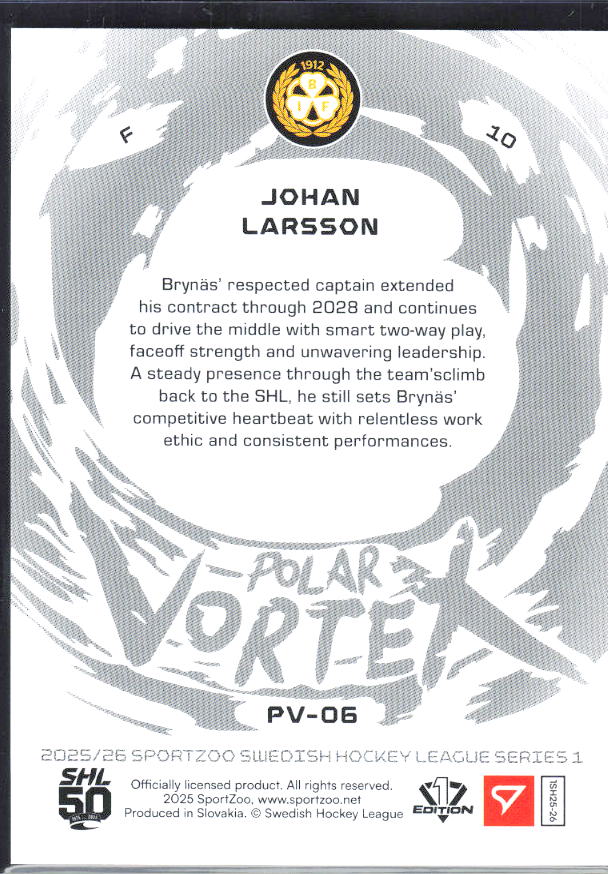 2025-26 SportZoo SHL S1 #PV-06 Johan Larsson Polar Vortex Steel Blue 12/99 – baksida