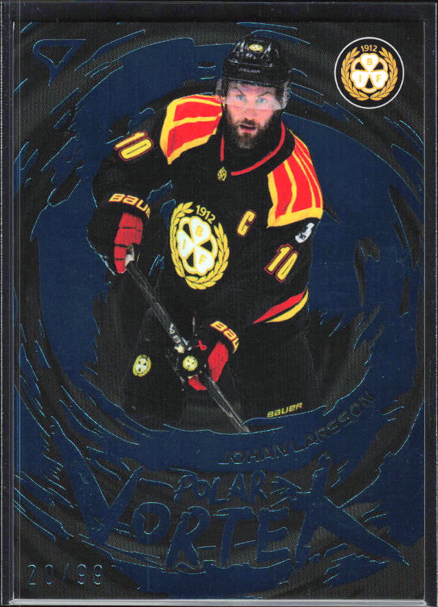 2025-26 SportZoo SHL S1 #PV-06 Johan Larsson Polar Vortex Steel Blue 12/99 – framsida