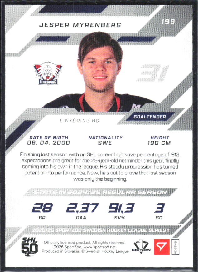 2025-26 SportZoo SHL S1 #199 Jesper Myrenberg Shamrock Green 09/30 – baksida