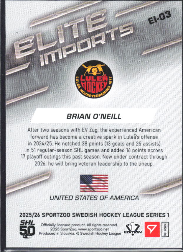 2025-26 SportZoo SHL S1 #EI-03 Brian O'Neill Elite Imports Light Copper 58/65 – baksida