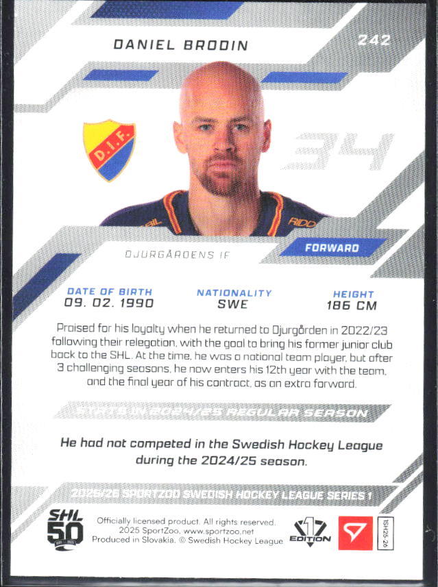 2025-26 SportZoo SHL S1 #242 Daniel Brodin Shamrock Green 30/30 – baksida