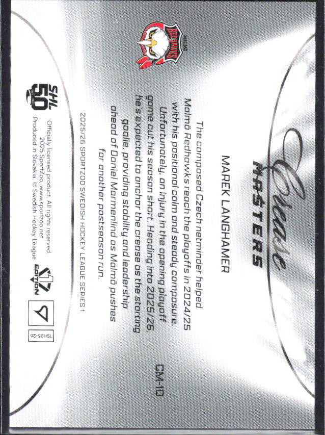 2025-26 SportZoo SHL S1 #CM-10 Marek Langhamer Crease Masters Lemon Gold 01/65 – baksida