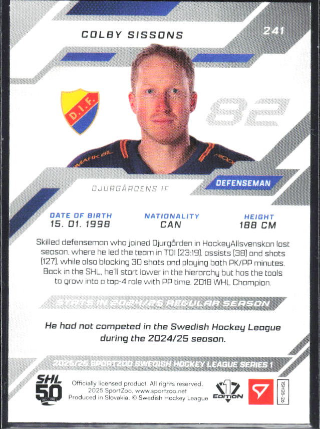 2025-26 SportZoo SHL S1 #241 Colby Sissons Shamrock Green 05/30 – baksida