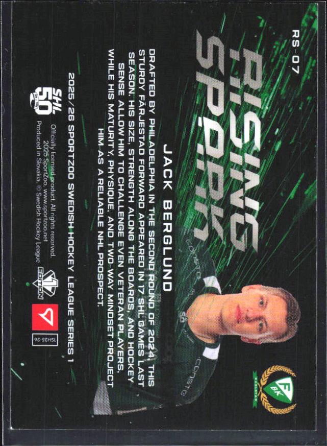 2025-26 SportZoo SHL S1 #RS-07 Jack Berglund Rising Spark Sky Blue 43/65 – baksida