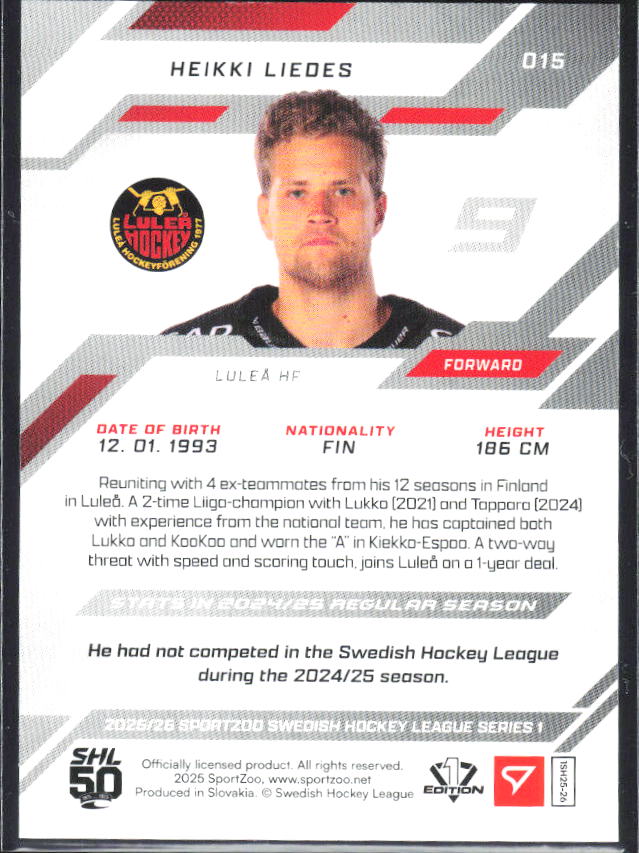 2025-26 SportZoo SHL S1 #015 Heikki Liedes Shamrock Green 25/30 – baksida