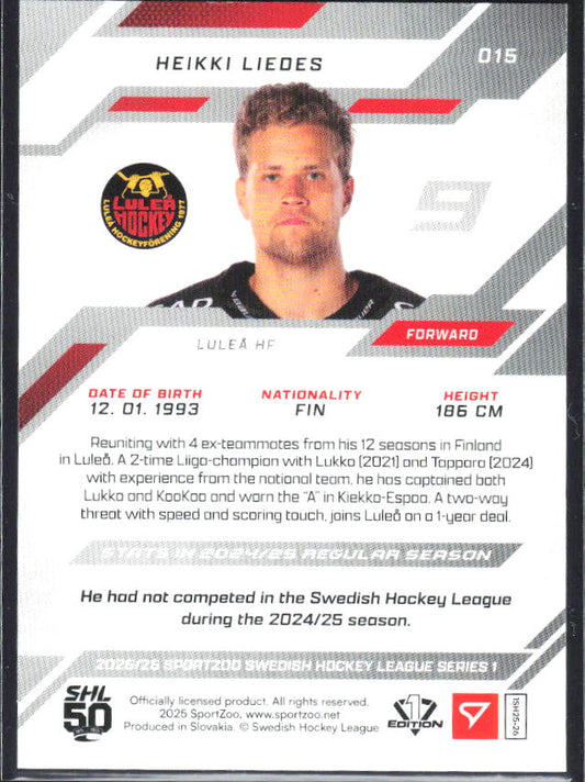 2025-26 SportZoo SHL S1 #015 Heikki Liedes Shamrock Green 25/30 – baksida