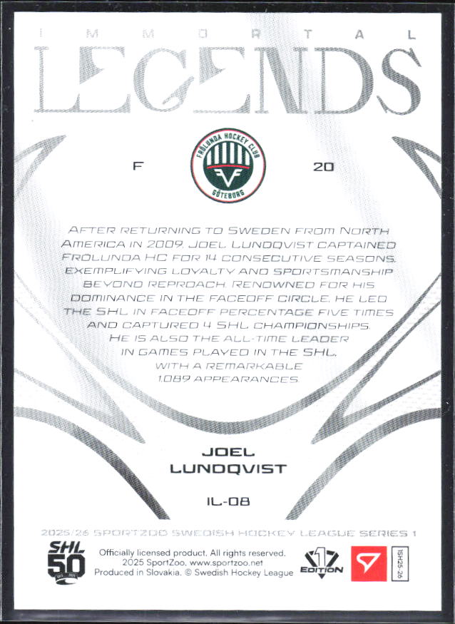 2025-26 SportZoo SHL S1 #IL-08 Joel Lundqvist Immortal Legends Sapphire Blue 45/65 – baksida