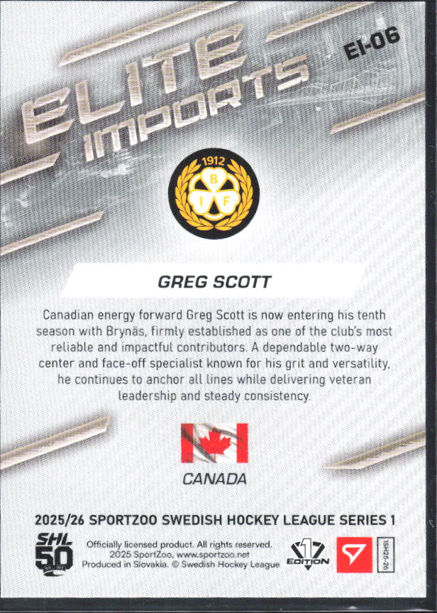 2025-26 SportZoo SHL S1 #EI-06 Greg Scott Elite Imports Light Copper 02/65 – baksida