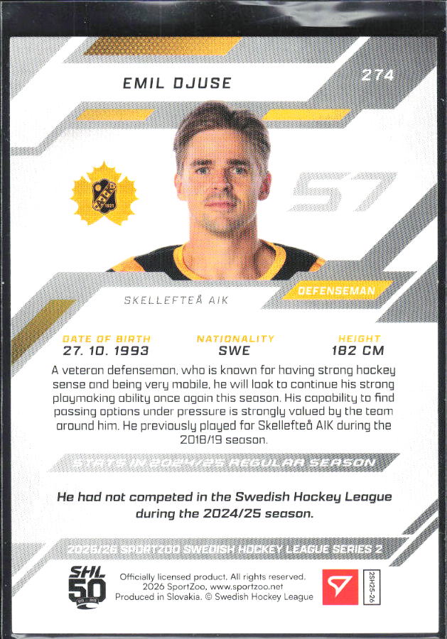 2025-26 SportZoo SHL S2 #274 Emil Djuse Scarlet Red 06/20 – baksida