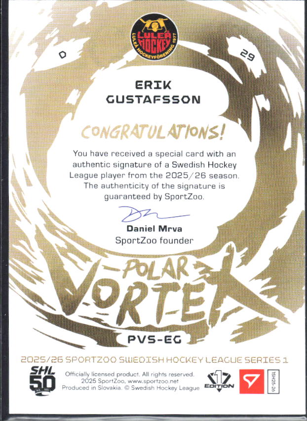 2025-26 SportZoo SHL S1 #PVS-EG Erik Gustafsson Polar Vortex Gold Auto 23/35 – baksida
