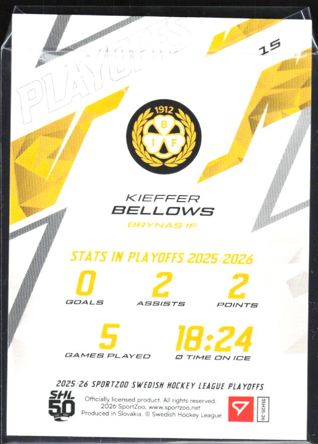 2025-26 SportZoo SHL Playoffs #15 Kieffer Bellows Playoffs Fire Red 15/30 – baksida
