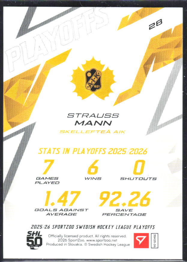 2025-26 SportZoo SHL Playoffs #28 Strauss Mann Playoffs Azure Blue 22/60 – baksida