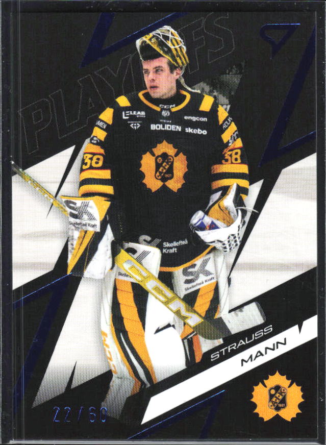 2025-26 SportZoo SHL Playoffs #28 Strauss Mann Playoffs Azure Blue 22/60 – framsida
