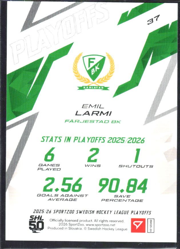 2025-26 SportZoo SHL Playoffs #37 Emil Larmi Playoffs Fire Red 26/30 – baksida