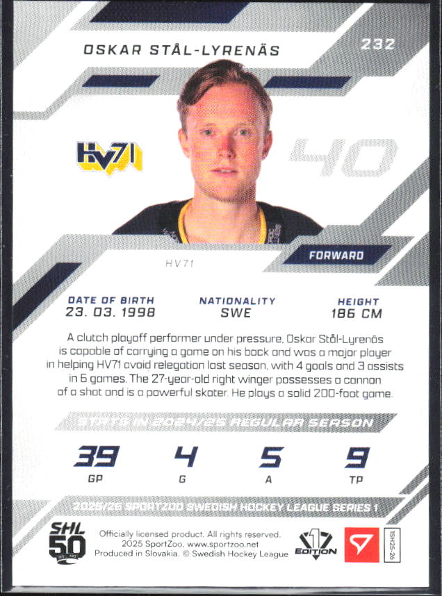 2025-26 SportZoo SHL S1 #232 Oskar Stål-Lyrenäs Blonde Gold 09/10 – baksida