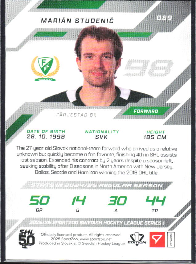 2025-26 SportZoo SHL S1 #089 Marián Studenič Scarlet Red 20/20 – baksida