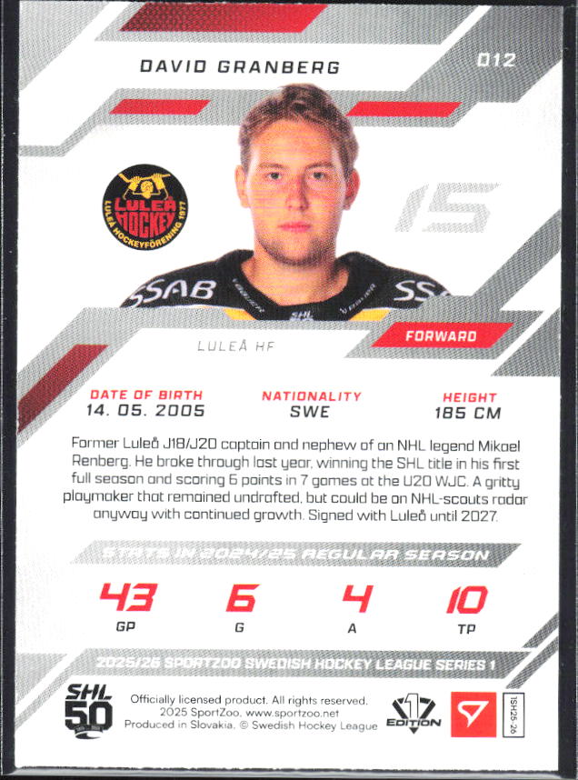 2025-26 SportZoo SHL S1 #012 David Granberg Shamrock Green 16/30 – baksida