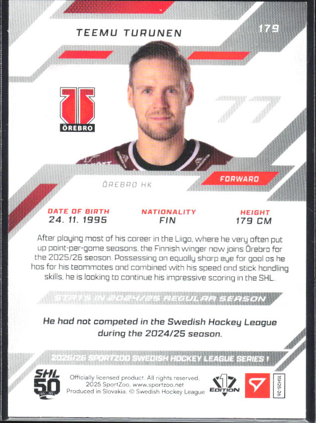 2025-26 SportZoo SHL S1 #179 Teemu Turunen Shamrock Green 24/30 – baksida