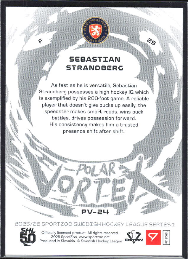 2025-26 SportZoo SHL S1 #PV-24 Sebastian Strandberg Polar Vortex Coral Copper 52/65 – baksida