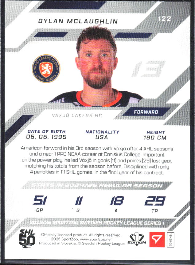 2025-26 SportZoo SHL S1 #122 Dylan McLaughlin Scarlet Red 09/20 – baksida